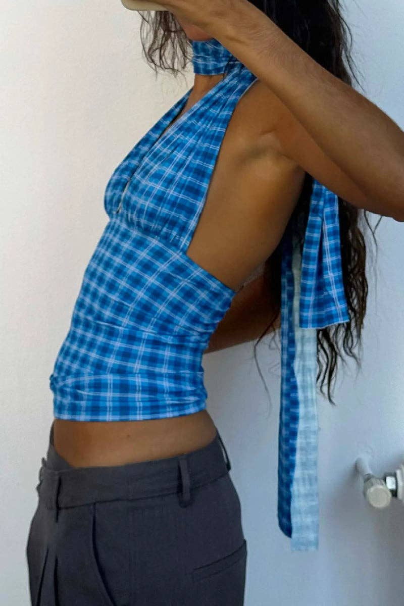 Sara top in Ocean Plaid