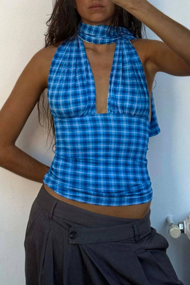 Sara top in Ocean Plaid